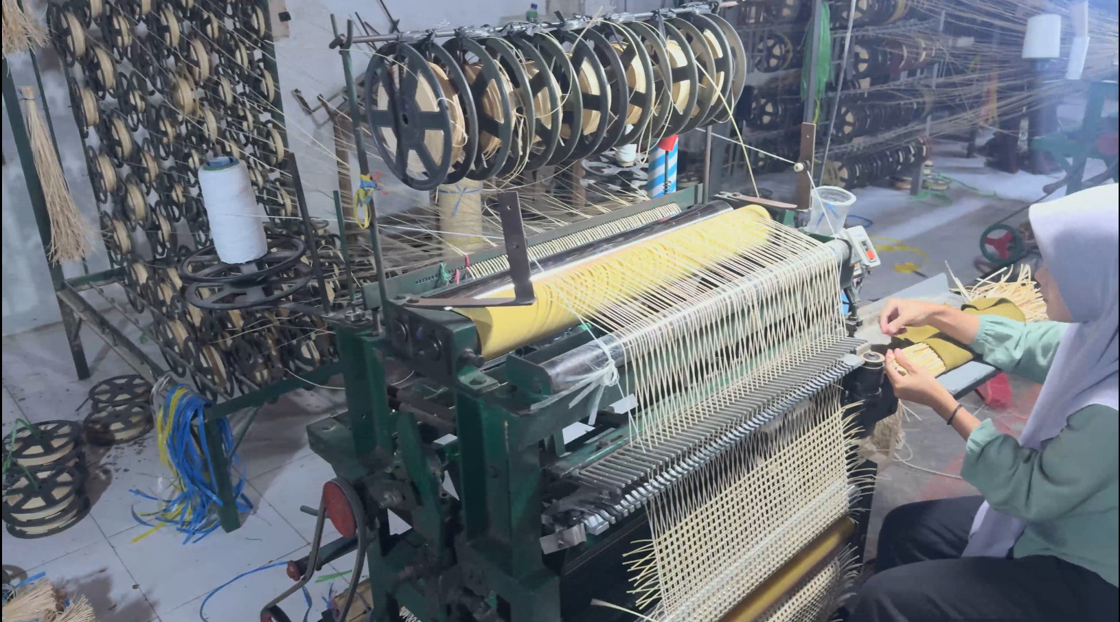 Rattan weaving equipment operating in the workshop
