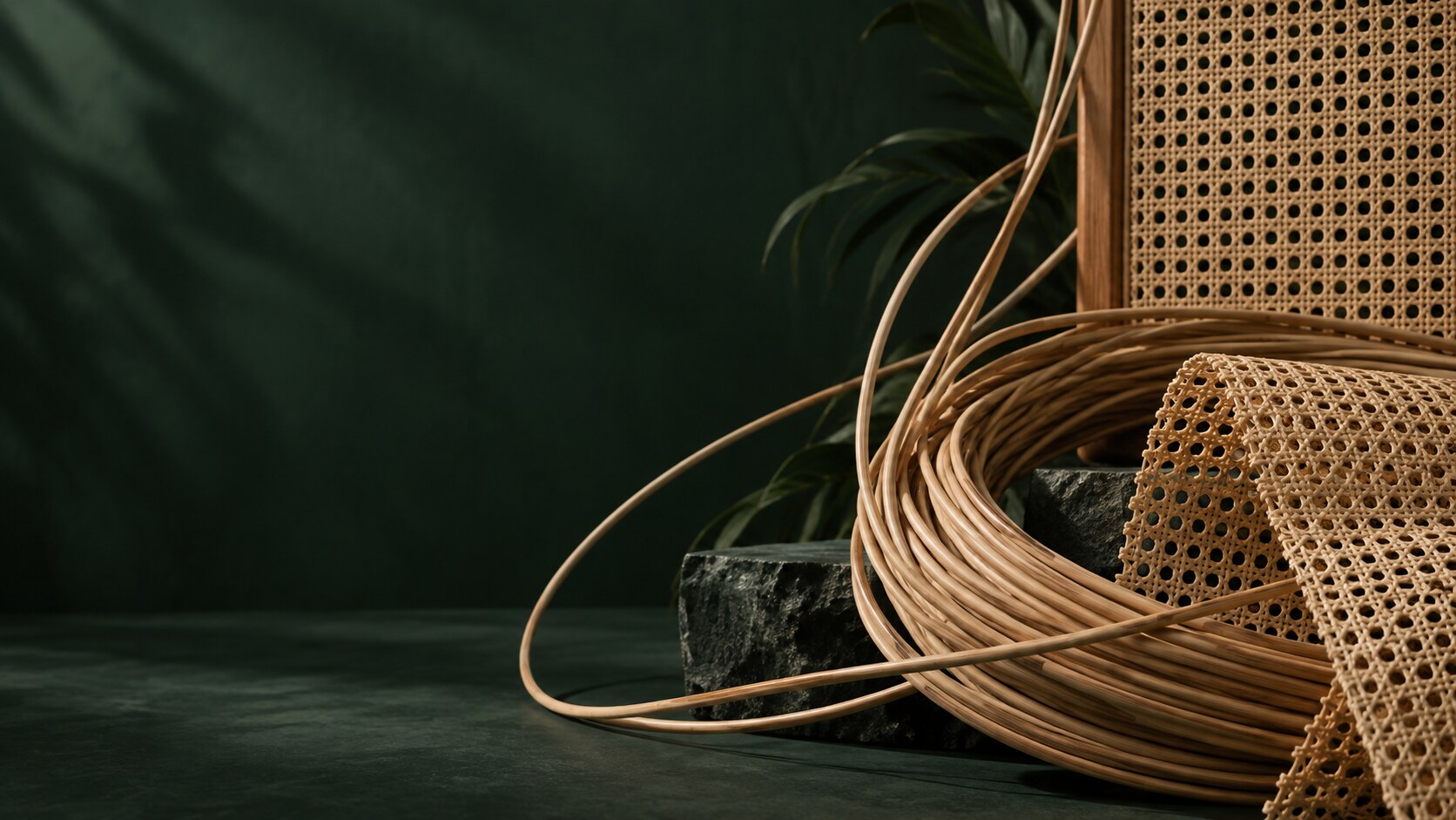 AI-generated illustrative natural rattan material atmosphere for the homepage; not a customer factory photograph